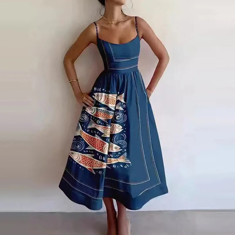 VEITCHE Women’s Printed Fish Pattern Maxi Dress – Spring/Summer 2025