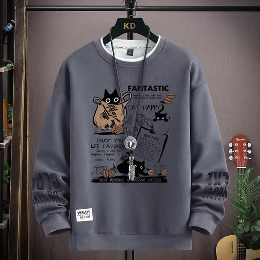 Long Sleeve Top Cartoon Cat Graphics T-Shirt Casual Men's Clothing