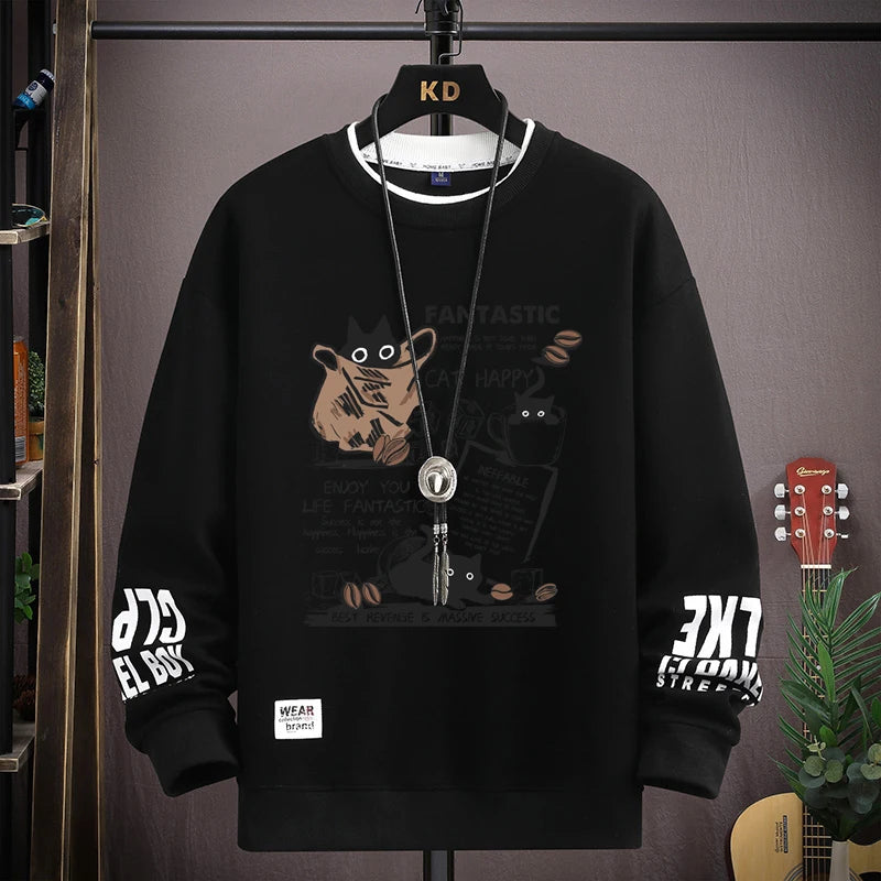 Long Sleeve Top Cartoon Cat Graphics T-Shirt Casual Men's Clothing