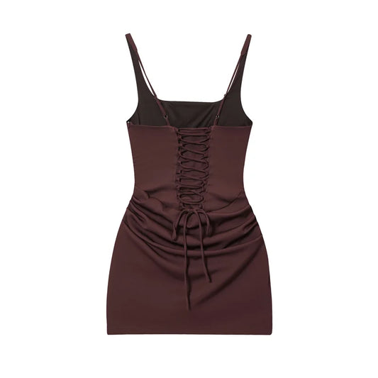 Reddish-Brown Spaghetti Strap Tie-Detail Mini Dress