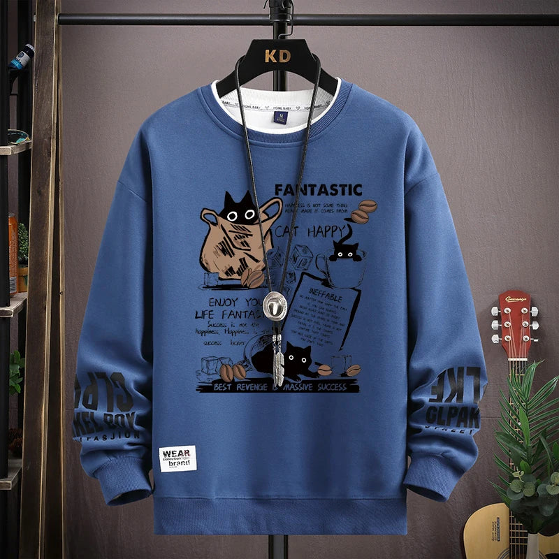 Long Sleeve Top Cartoon Cat Graphics T-Shirt Casual Men's Clothing
