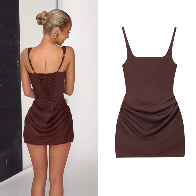 Reddish-Brown Spaghetti Strap Tie-Detail Mini Dress