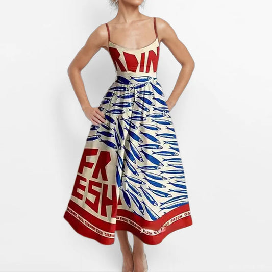 VEITCHE Women’s Printed Fish Pattern Maxi Dress – Spring/Summer 2025