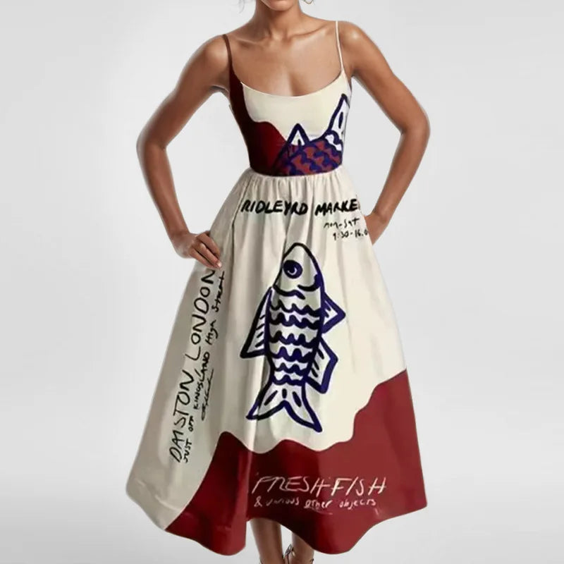VEITCHE Women’s Printed Fish Pattern Maxi Dress – Spring/Summer 2025