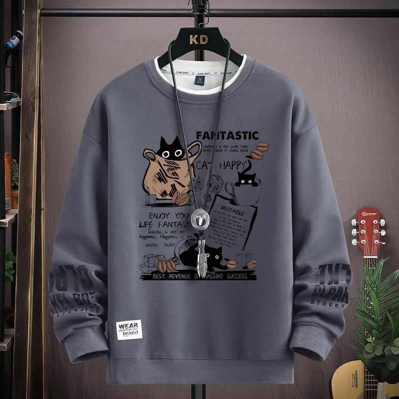Long Sleeve Top Cartoon Cat Graphics T-Shirt Casual Men's Clothing