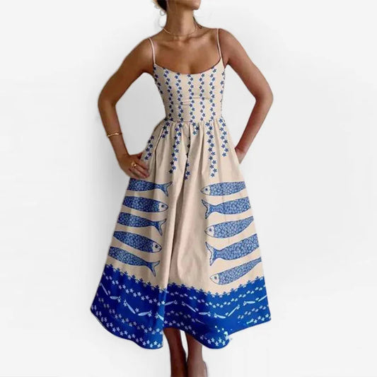 VEITCHE Women’s Printed Fish Pattern Maxi Dress – Spring/Summer 2025