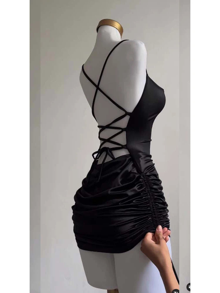 Y2K Satin Backless Bodycon Mini Dress – Women