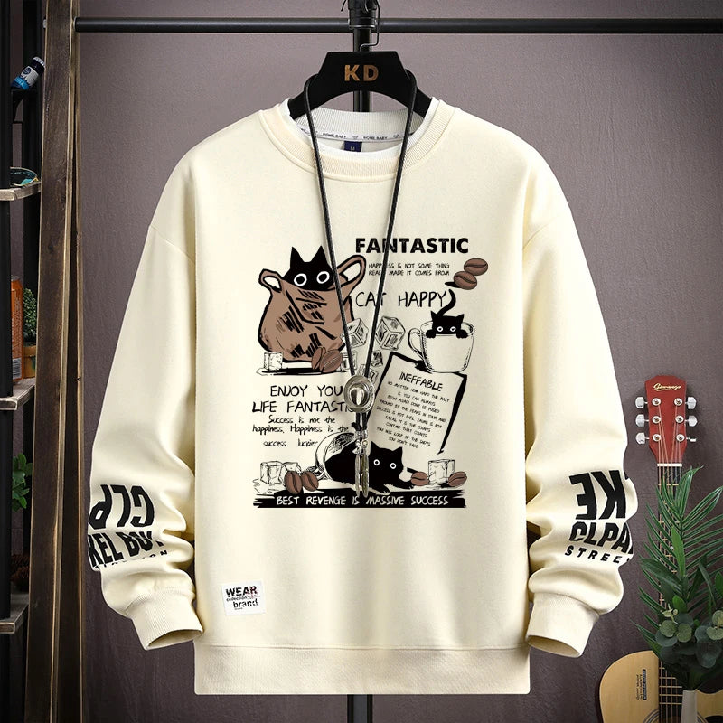 Long Sleeve Top Cartoon Cat Graphics T-Shirt Casual Men's Clothing
