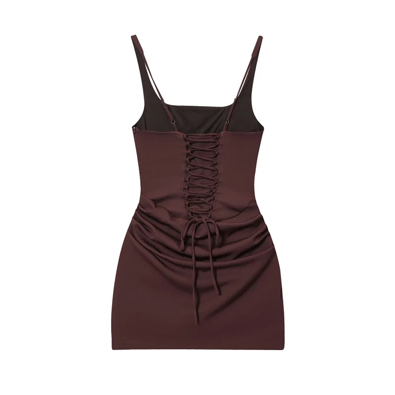 Reddish-Brown Spaghetti Strap Tie-Detail Mini Dress