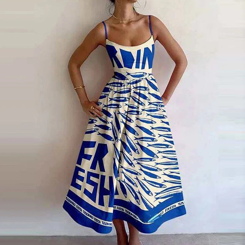 VEITCHE Women’s Printed Fish Pattern Maxi Dress – Spring/Summer 2025