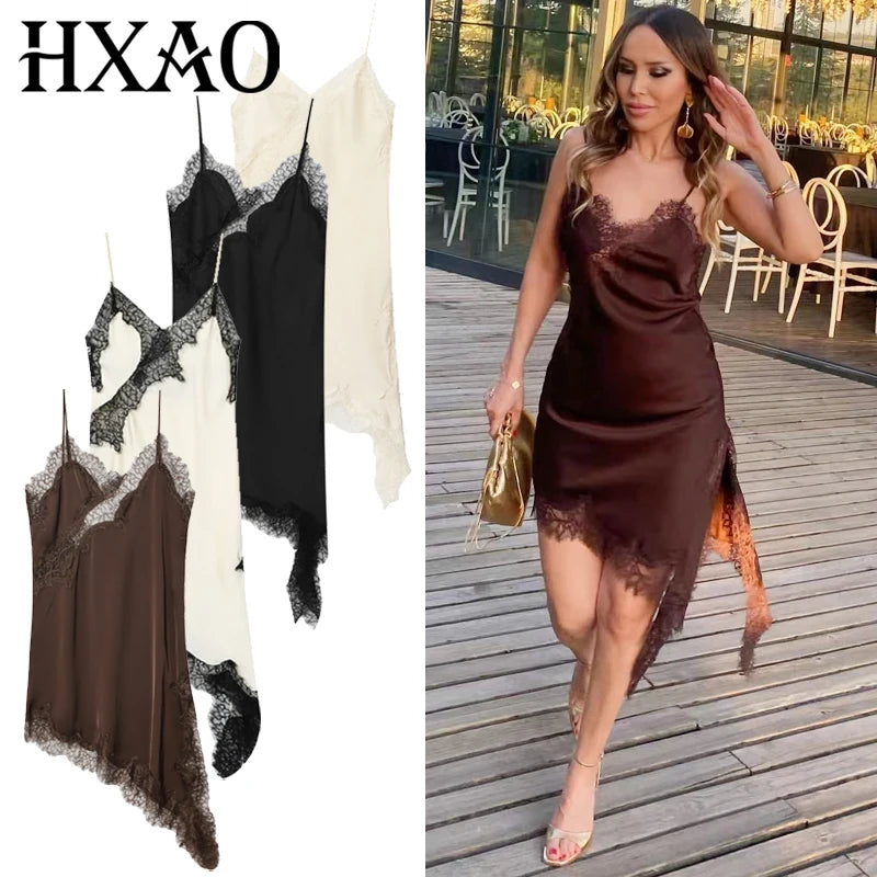 HXAO Women’s Lace Asymmetric Slip Mini Dress – Summer 2025