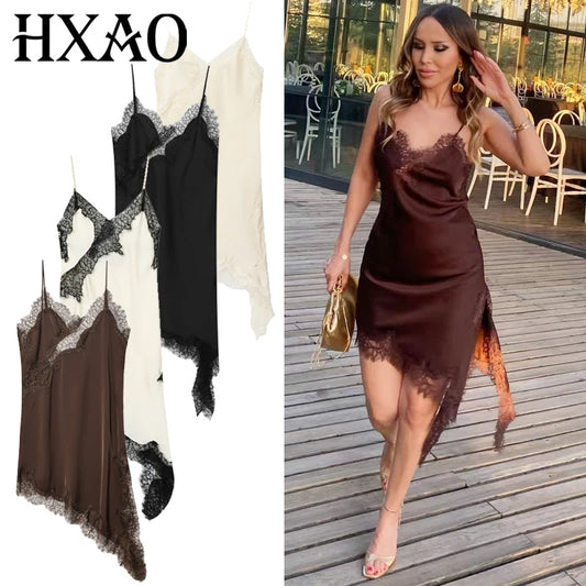 HXAO Women’s Lace Asymmetric Slip Mini Dress – Summer 2025