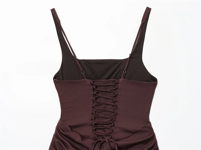 Reddish-Brown Spaghetti Strap Tie-Detail Mini Dress