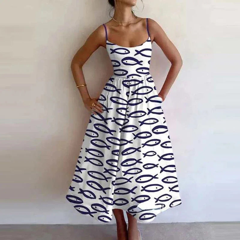 VEITCHE Women’s Printed Fish Pattern Maxi Dress – Spring/Summer 2025